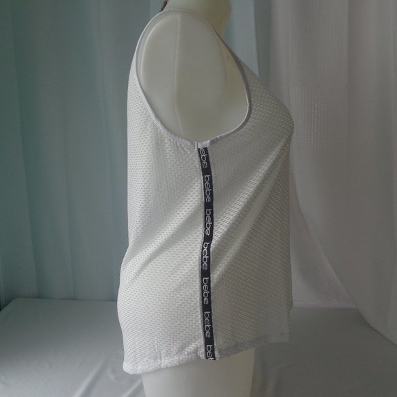 Tank Top 1X Bebe Sport White Mesh Black Stripe HiLo Tee Retro 80's T-Shirt Plus - Picture 2 of 3